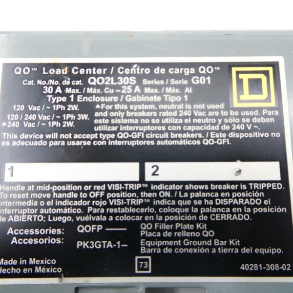 SQUARE D QO2L30S QO130 SER. G01 120/240VAC 30A NSNP
