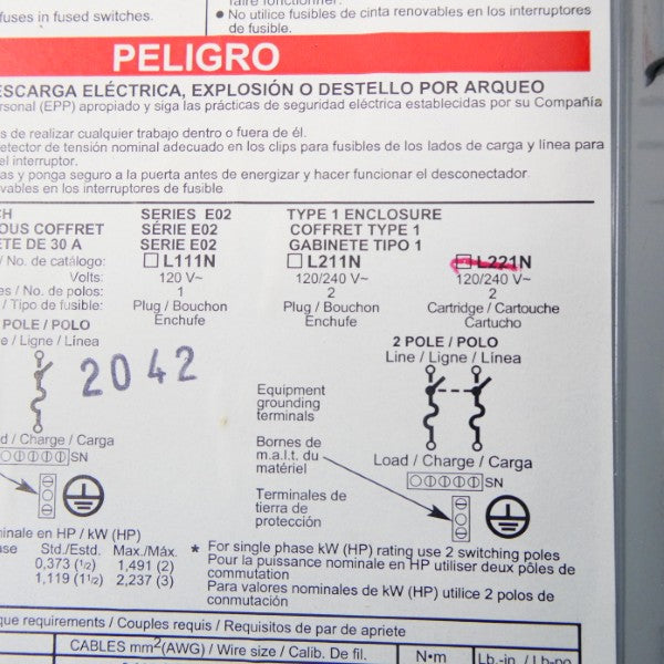 SQUARE D L221N SER. E02 120/240V 30A NSNP