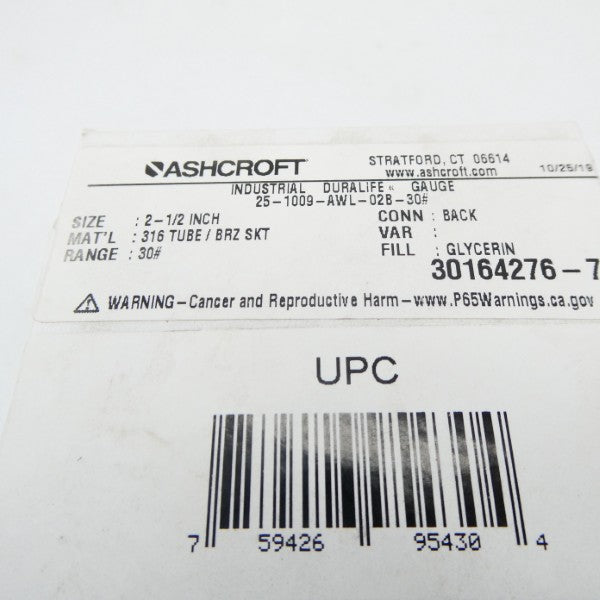 ASHCROFT 25-1009-AWL-02B-30# 30PSI 2-1/2" NSMP