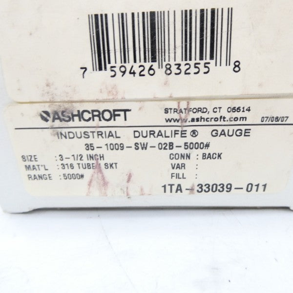 ASHCROFT 35-1009-SW-02B-5000# 5000PSI 3-1/2" NSMP