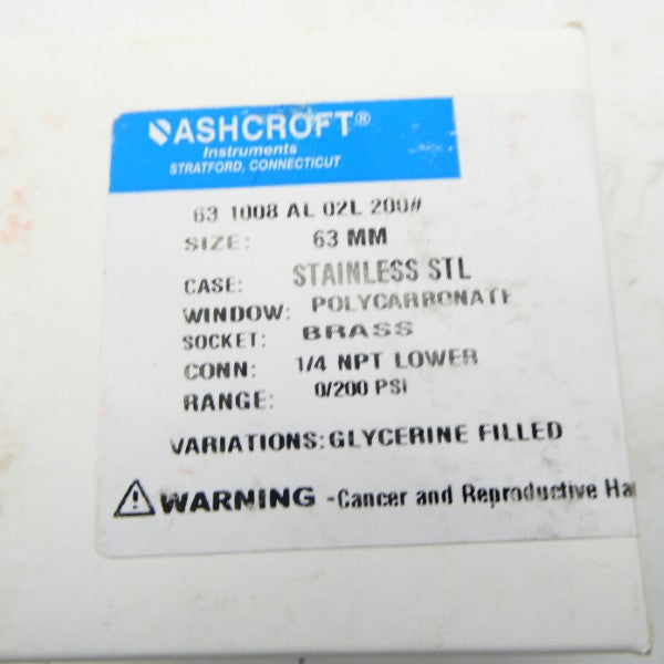 ASHCROFT 631008AL02L200# 200PSI 63MM NSMP