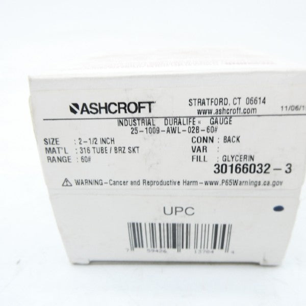 ASHCROFT 25-1009-AWL-02B-60# 60PSI 2-1/2" NSMP
