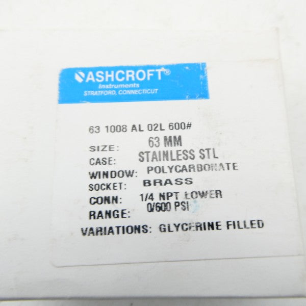 ASHCROFT 631008AL02L600# 600PSI 63MM NSMP