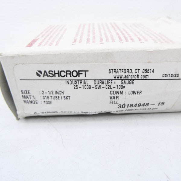 ASHCROFT 25-1009-SW-02L-100# 100PSI 2-1/2" NSMP