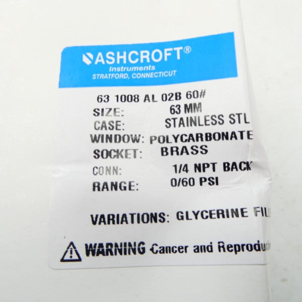 ASHCROFT 631008AL02B60# 60PSI 63MM NSMP