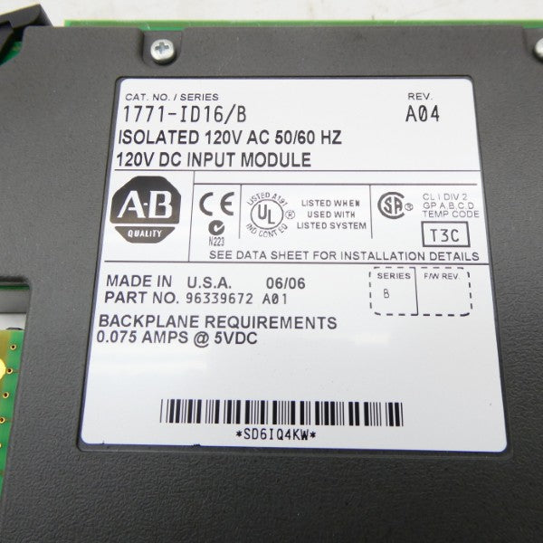 ALLEN BRADLEY 1771-ID16 SER. B 120VAC/DC REV. A04 (NO TERMINAL) NSMP