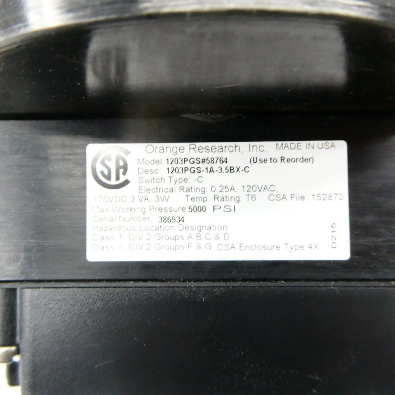 ORANGE RESEARCH 1203PGS#58764 1203PGS-1A-3.5BX-C 120VAC 0.25A 0-30PSI NSMP