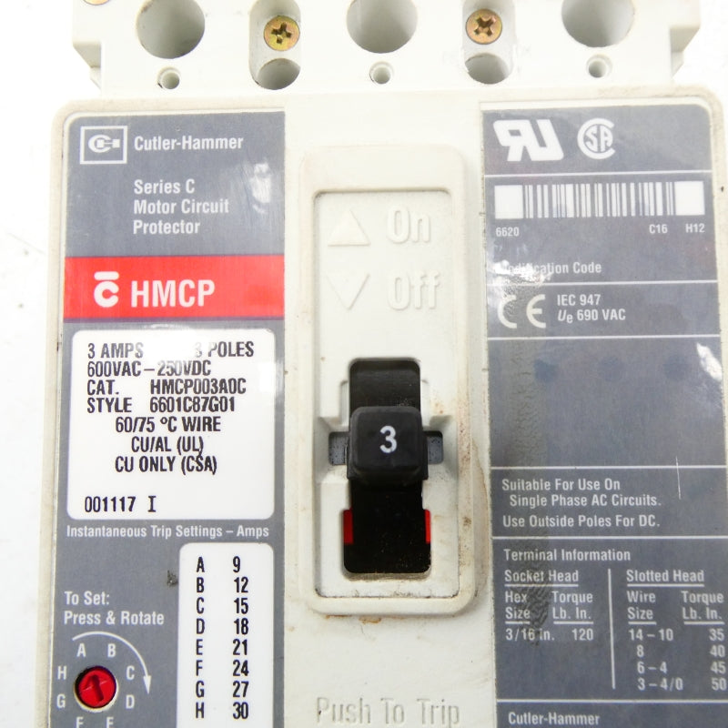 CUTLER HAMMER HMCP003A0C 600VAC 3A NSNP