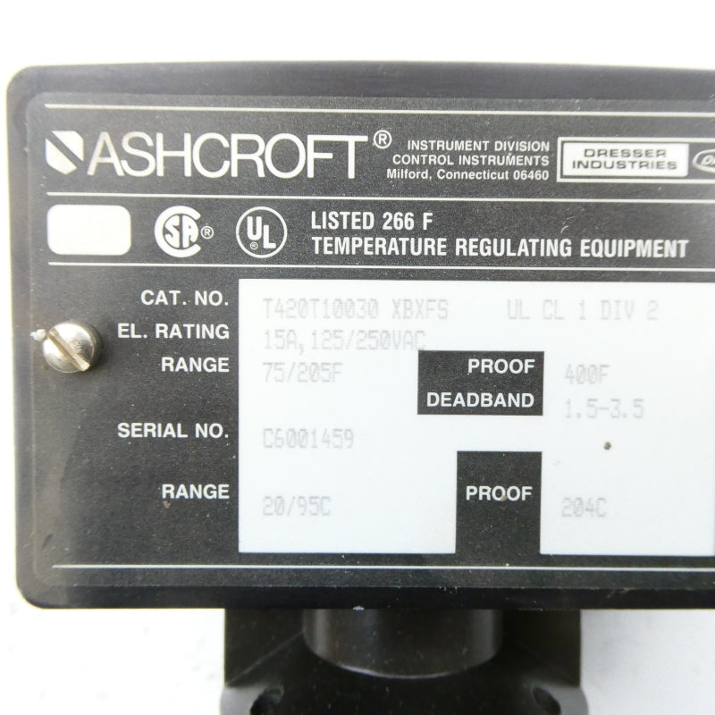 ASHCROFT T420T10030XBXFS 125/250VAC 15A 75/205'F NSNP