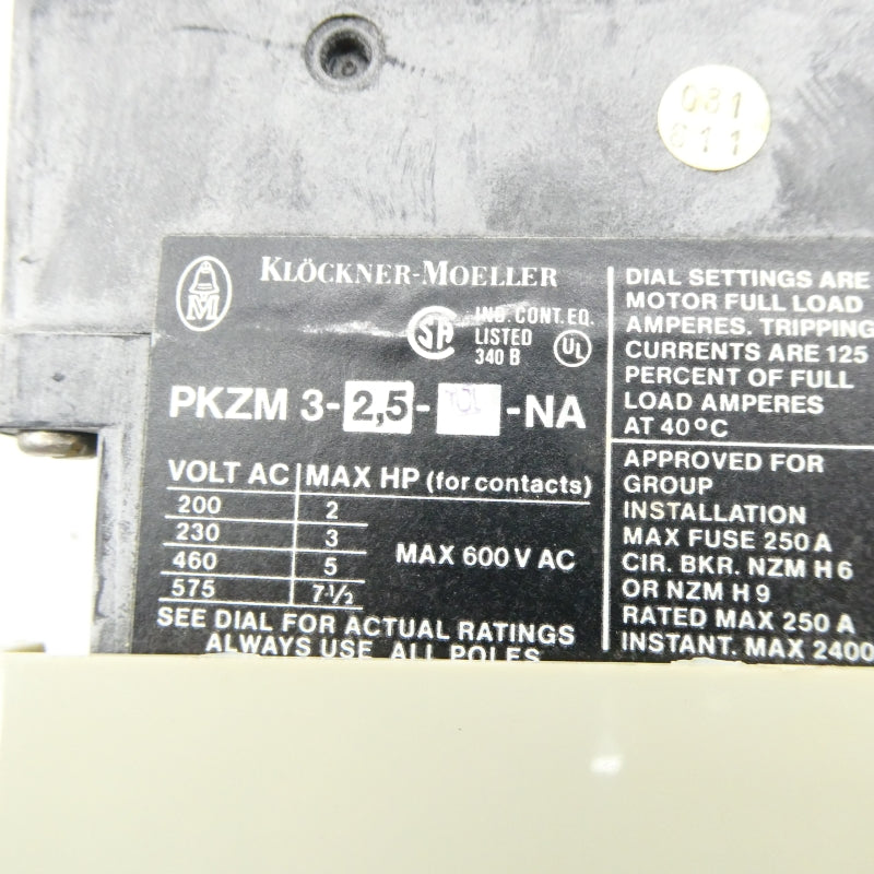KNOCKNER MOELLER PKZM3-2.5-U-NA 600VAC NSNP