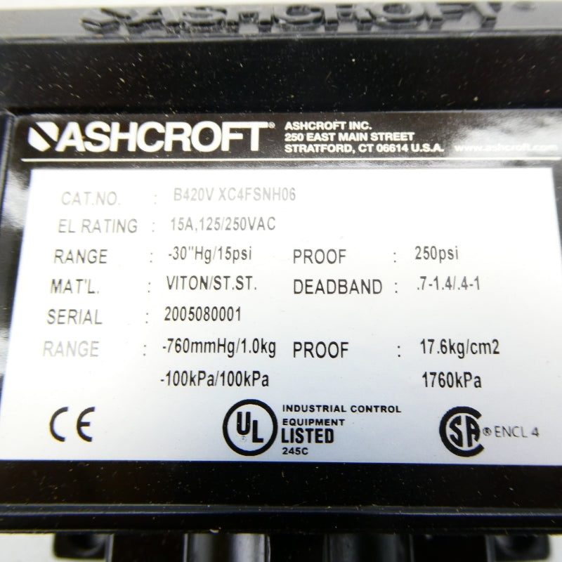 ASHCROFT B420VXC4FSNH06 125/250VAC 15A 15PSI NSMP