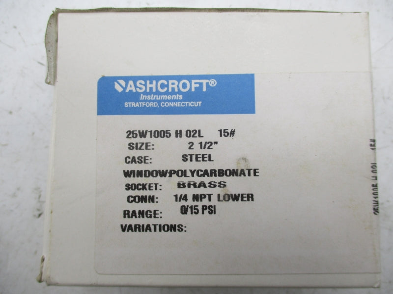 ASHCROFT 25W1005H02L15# 15PSI 2-1/2" NSMP