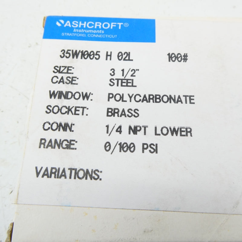 ASHCROFT 35W1005H02L100# 100PSI 3-1/2" NSMP