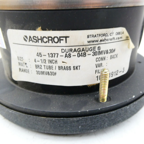 ASHCROFT 45-1377-A8-04B-30IMV&30# 30PSI 4-1/2" NSNP