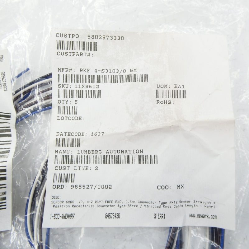 LUMBERG AUTOMATION RKF 4-S3103/0.5M (PKG OF 4) NSMP