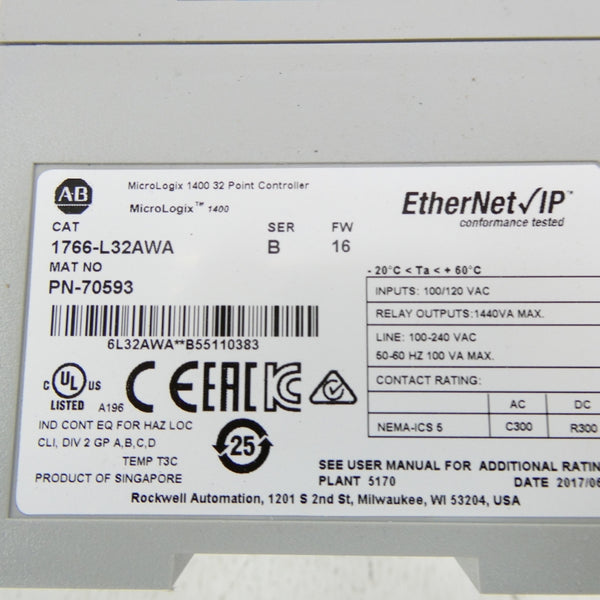 ALLEN BRADLEY 1766-L32AWA SER. B F/W 16 100/120VAC NSMP