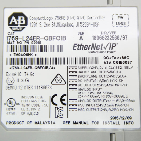 ALLEN BRADLEY 1769-L24ER-QBFC1B SER. A F/W 1.003 24V 2.1A NSNP