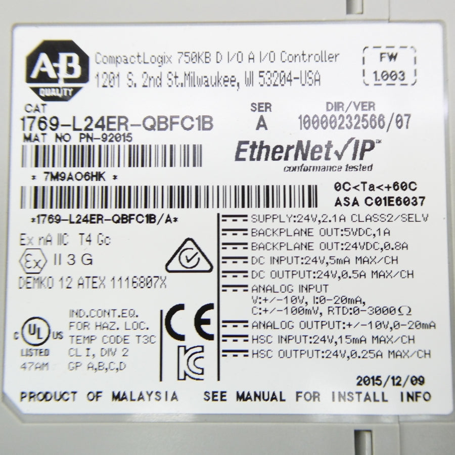 ALLEN BRADLEY 1769-L24ER-QBFC1B SER. A F/W 1.003 24V 2.1A NSNP