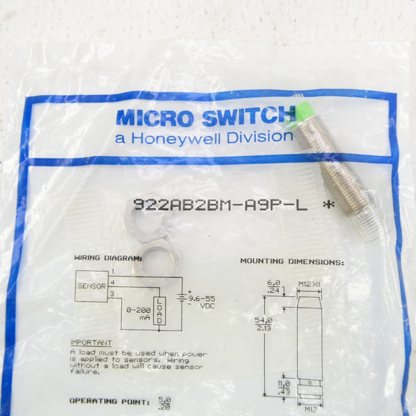 MICRO SWITCH 922AB2BM-A9P-L 9.6-55VDC NSMP