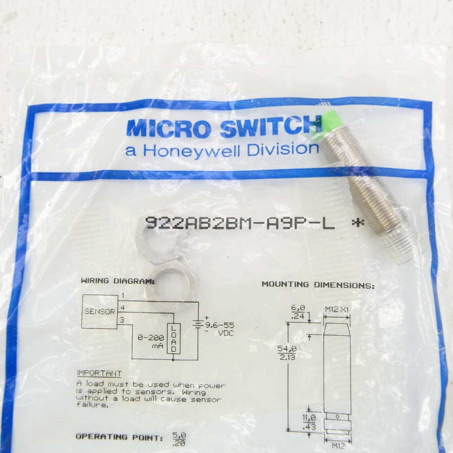 MICRO SWITCH 922AB2BM-A9P-L 9.6-55VDC NSMP