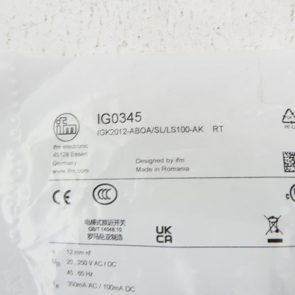 IFM EFECTOR IG0345 IGK2012-ABOA/SL/LS100-AKRT 20-250VAC/DC NSMP
