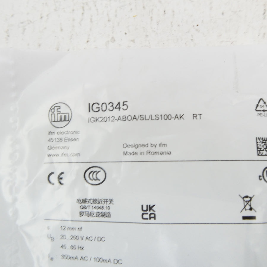 IFM EFECTOR IG0345 IGK2012-ABOA/SL/LS100-AKRT 20-250VAC/DC NSMP