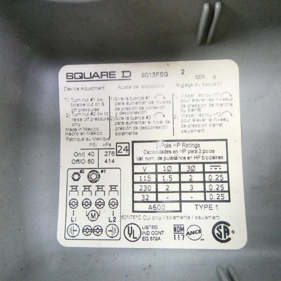 SQUARE D 9013FSG2 SER. B 115/230V 40/60PSI NSNP