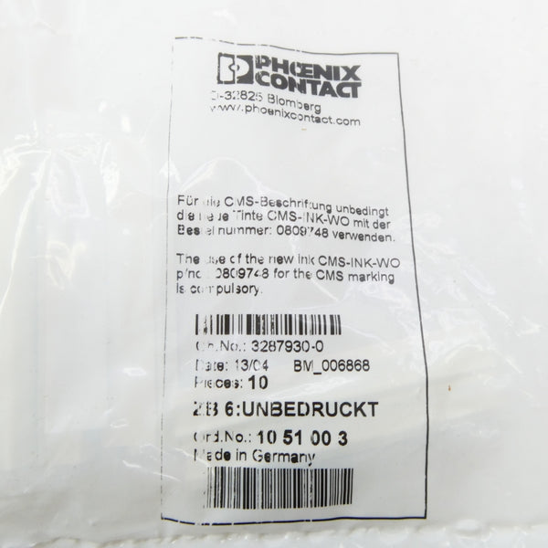 PHOENIX CONTACT 1051003 2B6:UNBEDRUCKT (PKG OF 10) NSMP