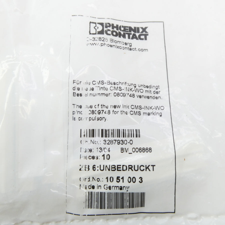 PHOENIX CONTACT 1051003 2B6:UNBEDRUCKT (PKG OF 10) NSMP