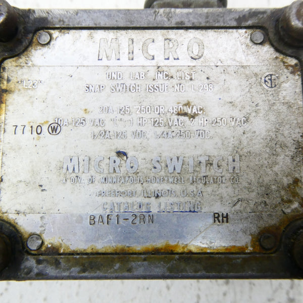 MICRO SWITCH BAF1-2RN-RH 480VAC 20A (GREY) (AS PICTURED) UNMP