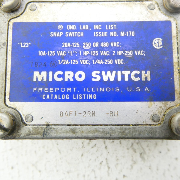MICRO SWITCH BAF1-2RN-RH 480VAC 20A (GREY) (AS PICTURED) UNMP