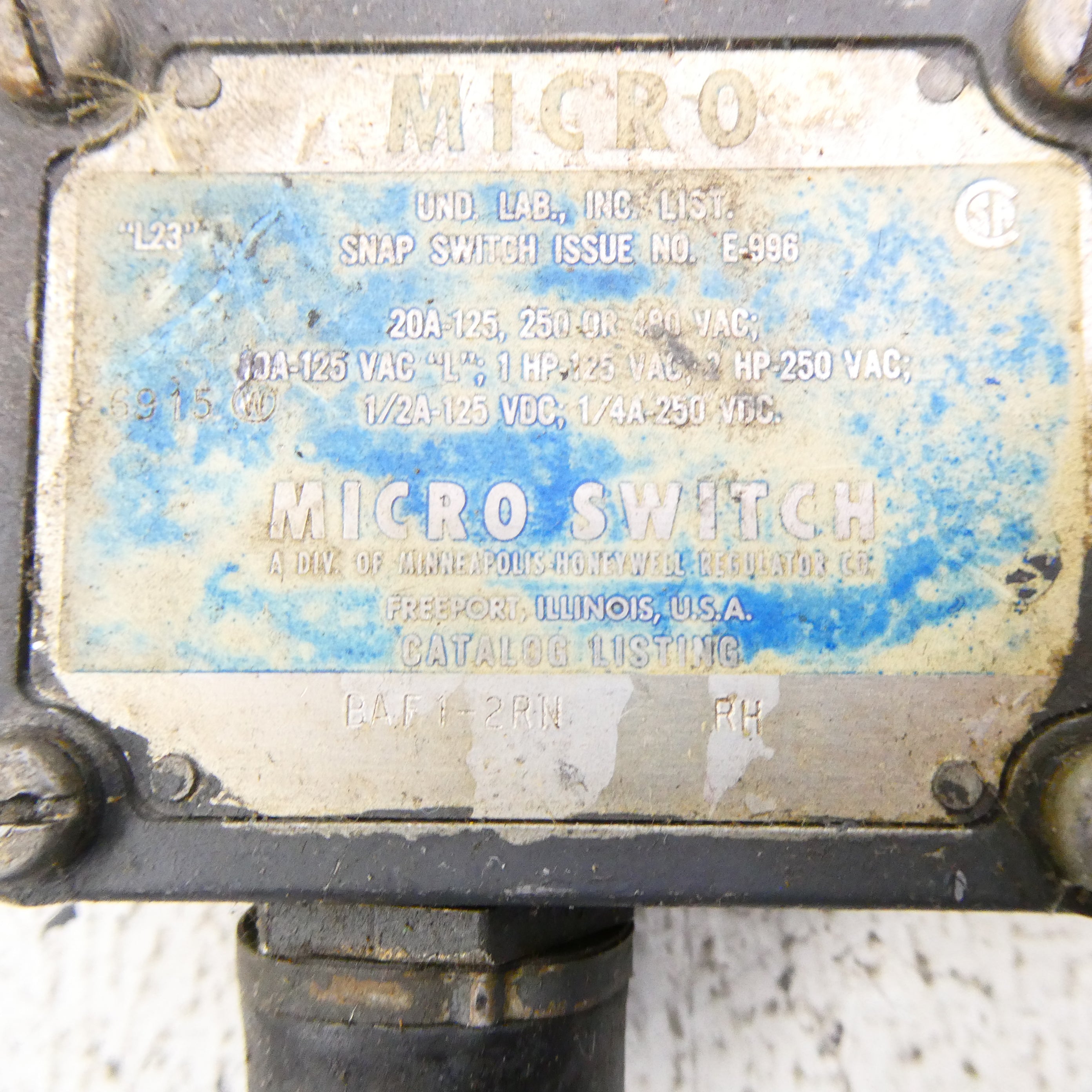 MICRO SWITCH BAF1-2RN 480VAC 20A UNMP