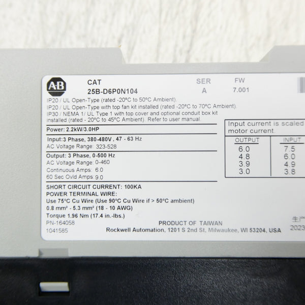 ALLEN BRADLEY 25B-D6P0N104 SER. A F/W 7.001 323-528VAC 6.0A NSMP