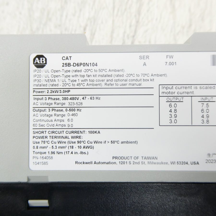 INDUSTRIAL SPARE PART 25B-D6P0N104 SER. A F/W 7.001 323-528VAC 6.0A NSMP