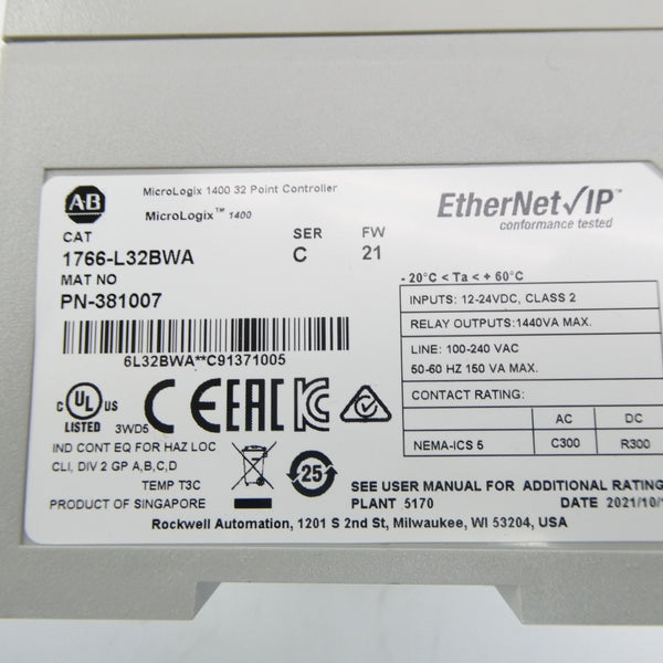 ALLEN BRADLEY 1766-L32BWA SER. C F/W 21 100-240VAC NSNP