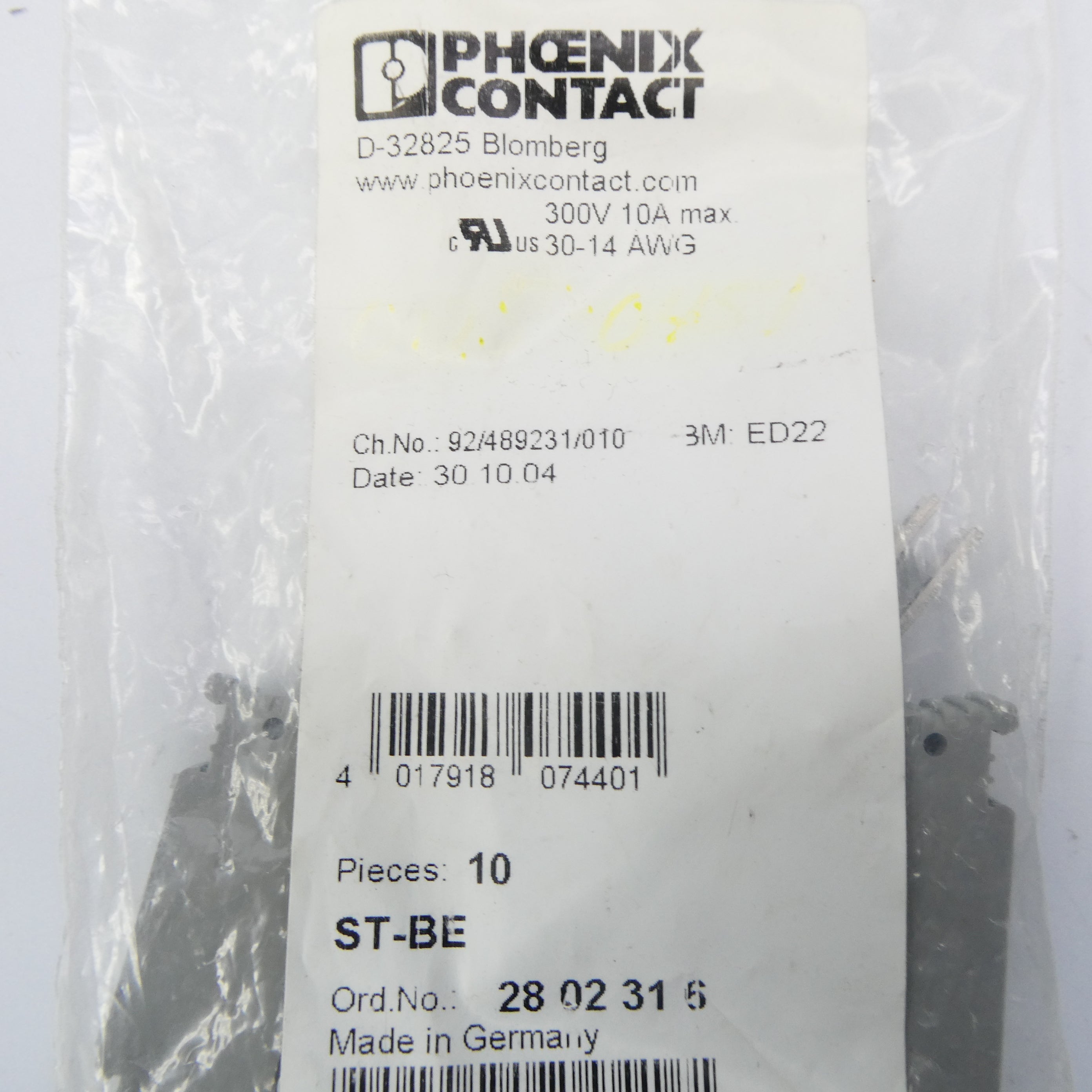 PHOENIX CONTACT ST-BE 2802316 300V 10A (PKG OF 4) NSMP