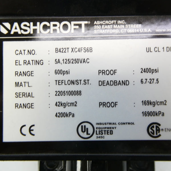 ASHCROFT B422TXC4FS6B 125/250VAC 5A 600PSI NSNP