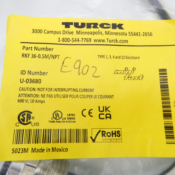 TURCK RKF36-0.5M/NPT U-03680 600V 10A NSMP