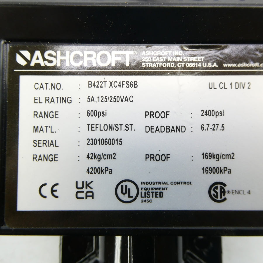 ASHCROFT B422TXC4FS6B 125/250VAC 5A 600PSI NSNP