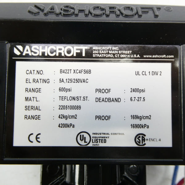 ASHCROFT B422TXC4FS6B 125/250VAC 5A 600PSI NSMP