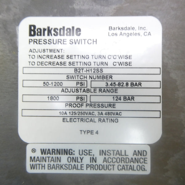 BARKSDALE B2T-H12SS 480VAC 3A 50-1200PSI NSNP