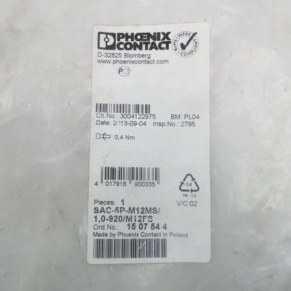 PHOENIX CONTACT SAC-5P-M12MS/1.0-920/M12FS 1507544 NSMP