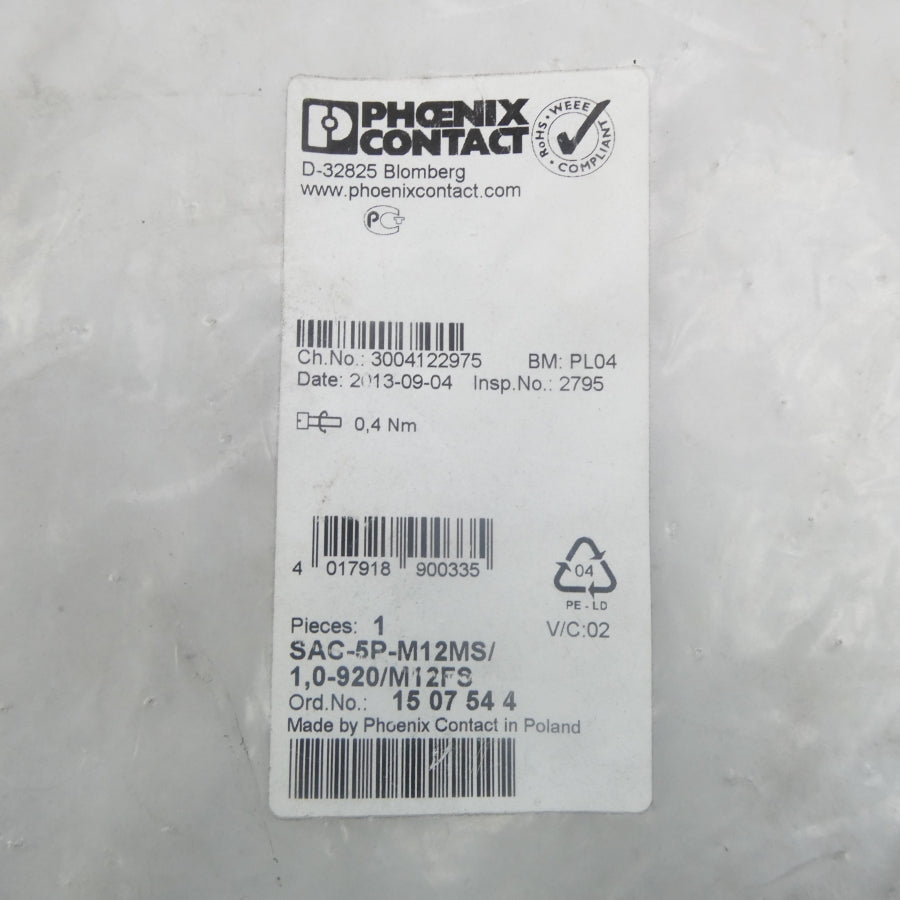PHOENIX CONTACT SAC-5P-M12MS/1.0-920/M12FS 1507544 NSMP