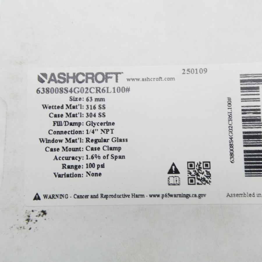 ASHCROFT 638008S4G02CR6L100# 100PSI NSMP