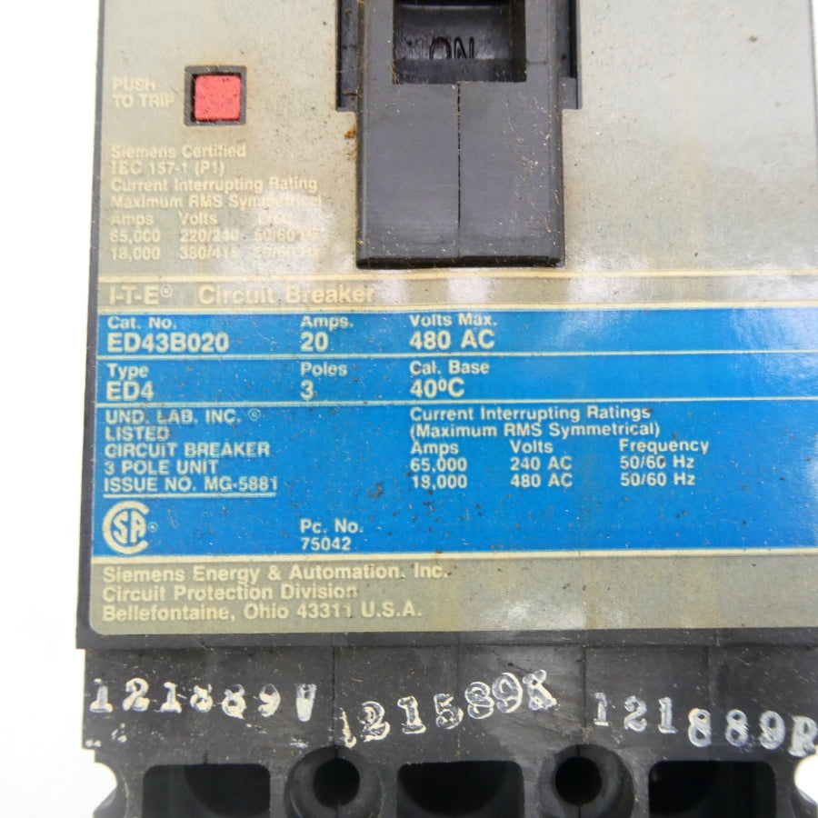 SIEMENS ED43B020 480VAC 20A (AS PICTURED) UNMP