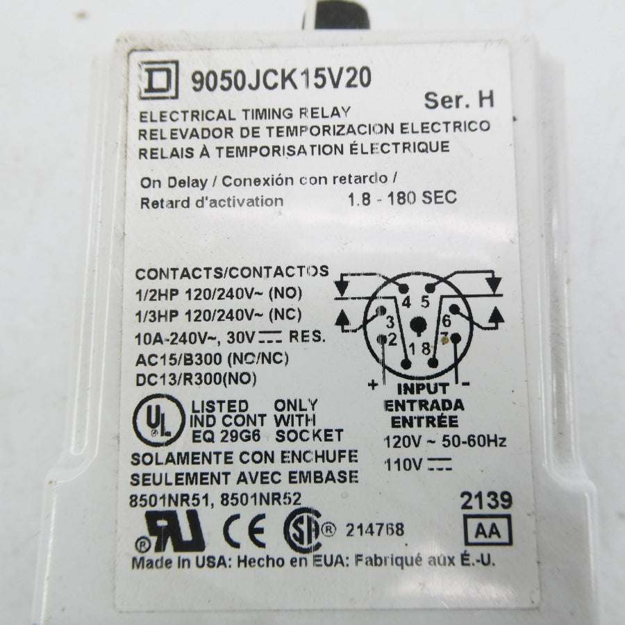 SQUARE D 9050JCK15V20 SER. H 110/120V 1.8-180S NSNP