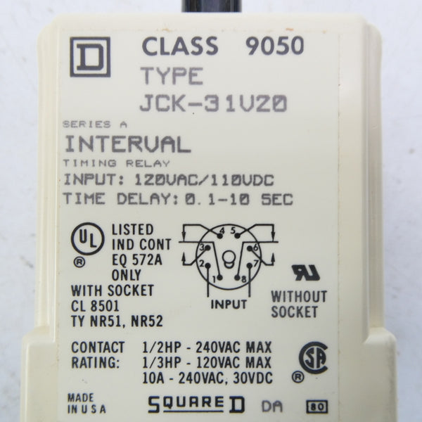 SQUARE D 9050JCK31V20 SER. A 120VAC 10A 0.1-10S NSMP
