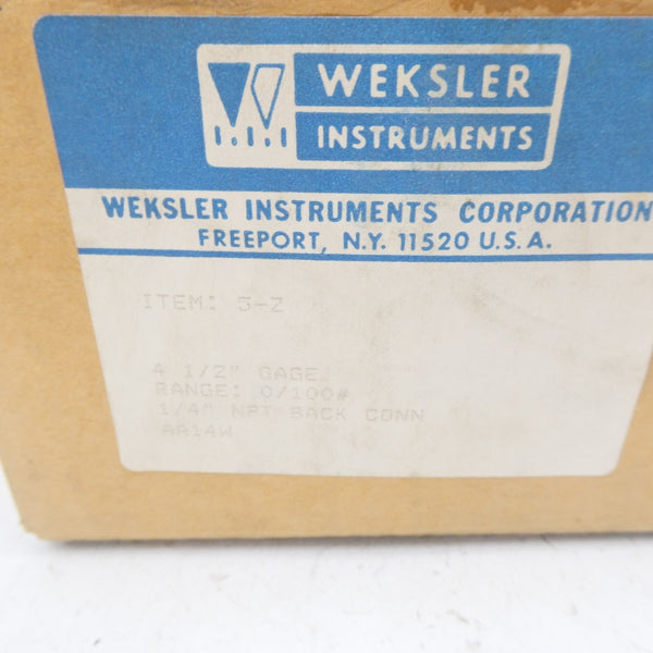 WEKSLER INSTRUMENTS AA14W 0-100PSI 4-1/2" NSMP