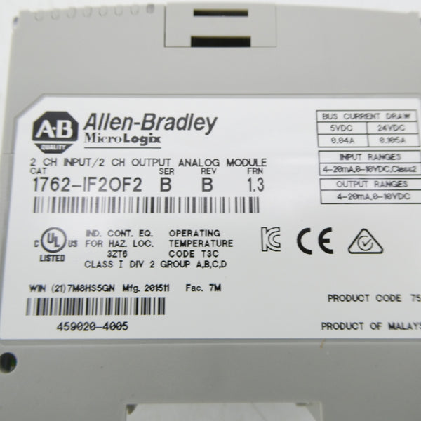 ALLEN BRADLEY 1762-IF2OF2 SER. B F/W 1.3 24VDC REV. B NSMP