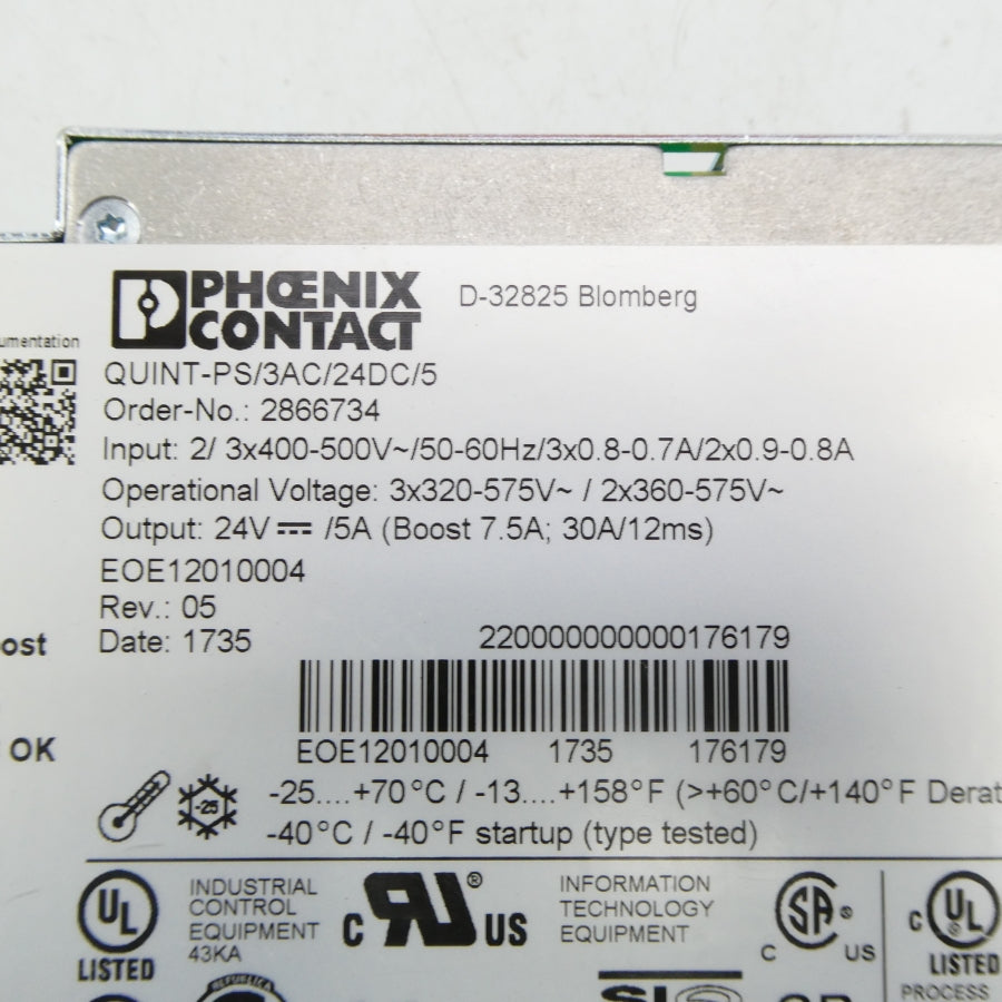 PHOENIX CONTACT QUINT-PS/3AC/24DC/5 2866734 400-500V 0.8-07A REV. 05 NSNP